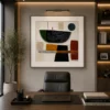 Mid-century modern abstract canvas wall art featuring geometric earth-tone shapes in terracotta, forest green, ochre, charcoal, and cream.