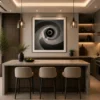 Luxury monochrome abstract canvas wall art featuring a hypnotic spiral vortex in charcoal, graphite, grey, and white with a contemporary minimalist design.