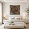 Traditional Indian Madhubani Tree of Life and Twin Royal Peacocks premium canvas wall art with lotus blossoms and authentic Mithila folk painting details.