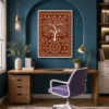 Luxury Warli Tree of Life canvas wall art featuring white tribal illustrations of birds, deer, village life, and a sacred tree on a terracotta background with a dark gallery frame.