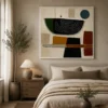 Mid-century modern abstract canvas wall art featuring geometric earth-tone shapes in terracotta, forest green, ochre, charcoal, and cream.