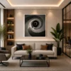 Luxury monochrome abstract canvas wall art featuring a hypnotic spiral vortex in charcoal, graphite, grey, and white with a contemporary minimalist design.