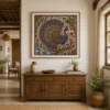 Traditional Indian Madhubani Tree of Life and Twin Royal Peacocks premium canvas wall art with lotus blossoms and authentic Mithila folk painting details.