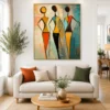 Luxury African tribal figures canvas wall art featuring three colourful silhouettes with textured contemporary backgrounds and geometric traditional garments.