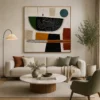 Mid-century modern abstract canvas wall art featuring geometric earth-tone shapes in terracotta, forest green, ochre, charcoal, and cream.