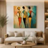 Luxury African tribal figures canvas wall art featuring three colourful silhouettes with textured contemporary backgrounds and geometric traditional garments.