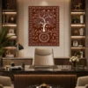 Luxury Warli Tree of Life canvas wall art featuring white tribal illustrations of birds, deer, village life, and a sacred tree on a terracotta background with a dark gallery frame.