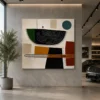 Mid-century modern abstract canvas wall art featuring geometric earth-tone shapes in terracotta, forest green, ochre, charcoal, and cream.