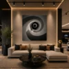Luxury monochrome abstract canvas wall art featuring a hypnotic spiral vortex in charcoal, graphite, grey, and white with a contemporary minimalist design.
