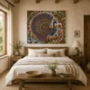 Traditional Indian Madhubani Tree of Life and Twin Royal Peacocks premium canvas wall art with lotus blossoms and authentic Mithila folk painting details.