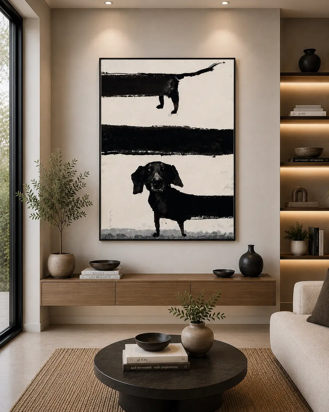 Modern minimalist dachshund canvas wall art featuring a textured black and cream abstract dog silhouette for luxury contemporary interiors.