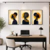 Luxury African Queen triptych canvas wall art featuring elegant navy blue silhouettes, textured gold accents, traditional headwraps, and contemporary ethnic design.