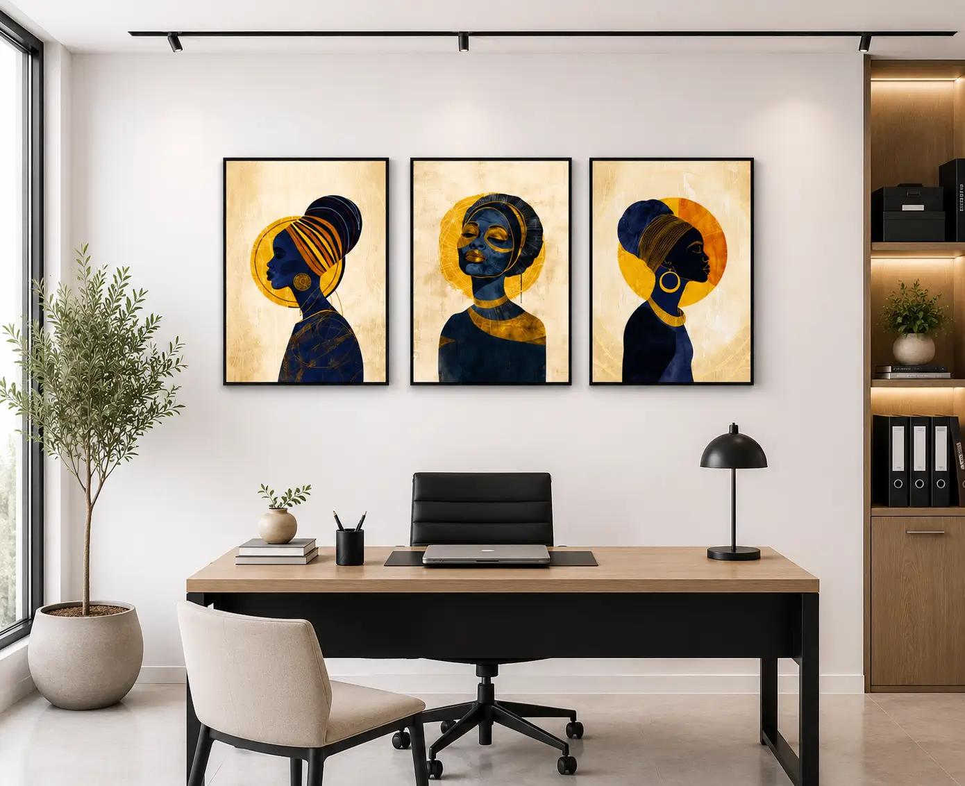 Luxury African Queen triptych canvas wall art featuring elegant navy blue silhouettes, textured gold accents, traditional headwraps, and contemporary ethnic design.