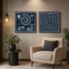 Luxury Warli diptych canvas wall art featuring traditional village life, spiral Tarpa dance motifs, white tribal illustrations, and a deep indigo navy background with black gallery frames.
