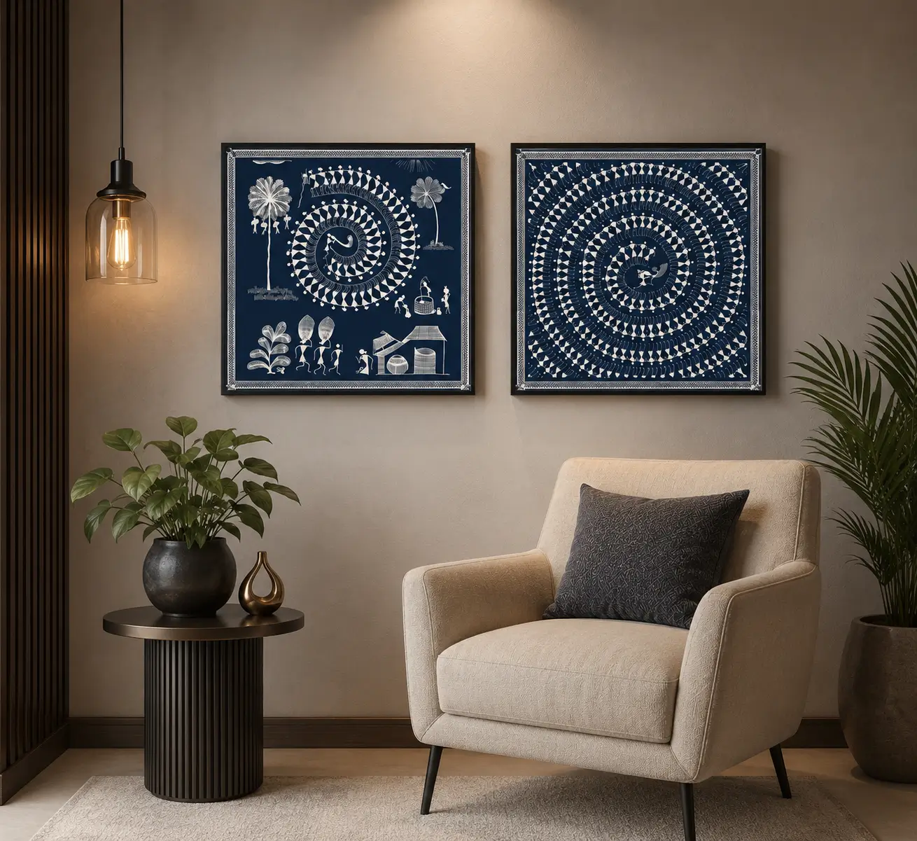 Luxury Warli diptych canvas wall art featuring traditional village life, spiral Tarpa dance motifs, white tribal illustrations, and a deep indigo navy background with black gallery frames.