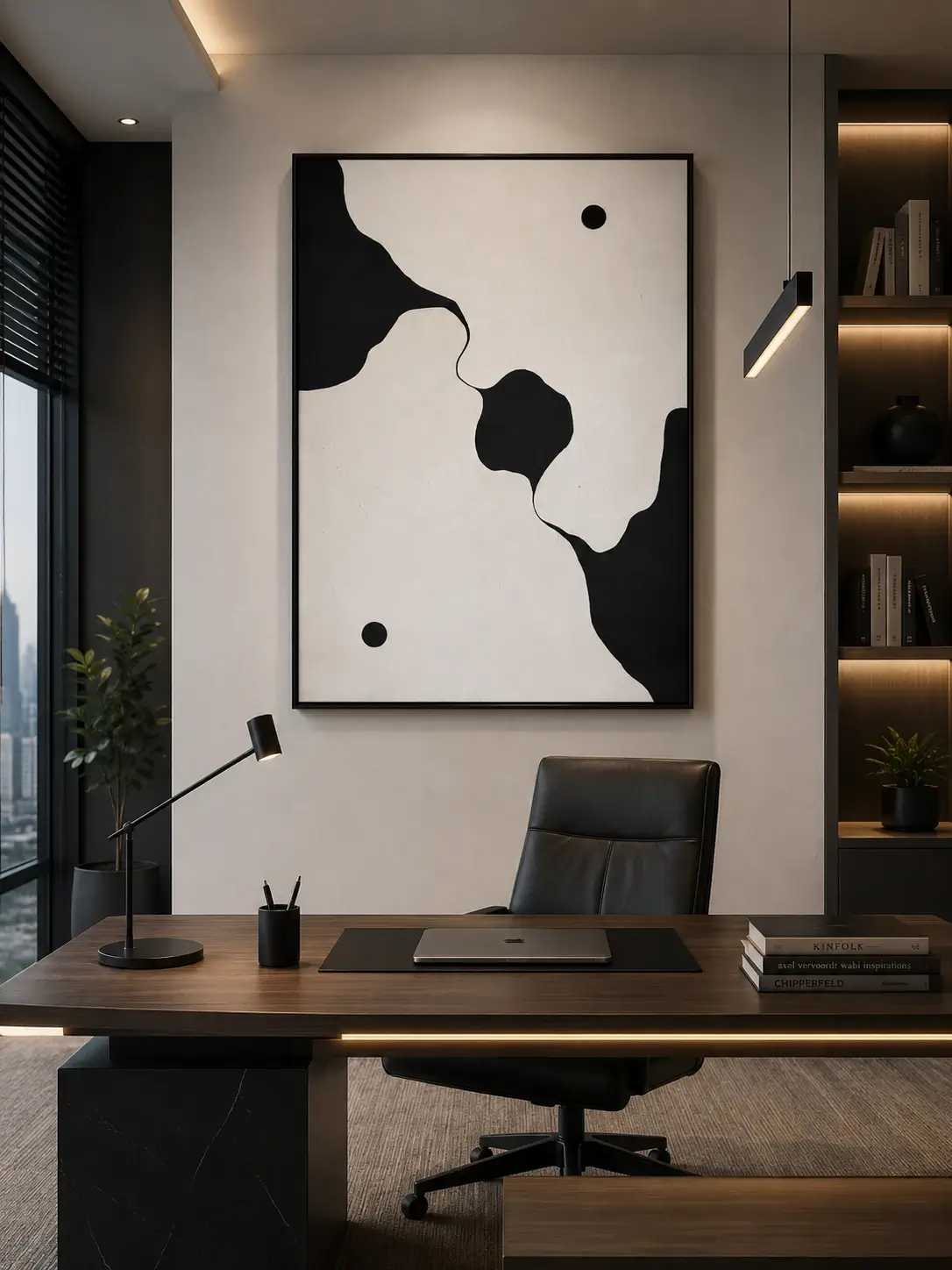 Modern black and cream organic abstract canvas wall art featuring flowing sculptural forms with minimalist contemporary styling.