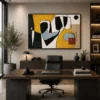 Modern landscape abstract canvas wall art featuring ochre, slate blue, terracotta, and charcoal geometric forms with flowing contemporary linework.