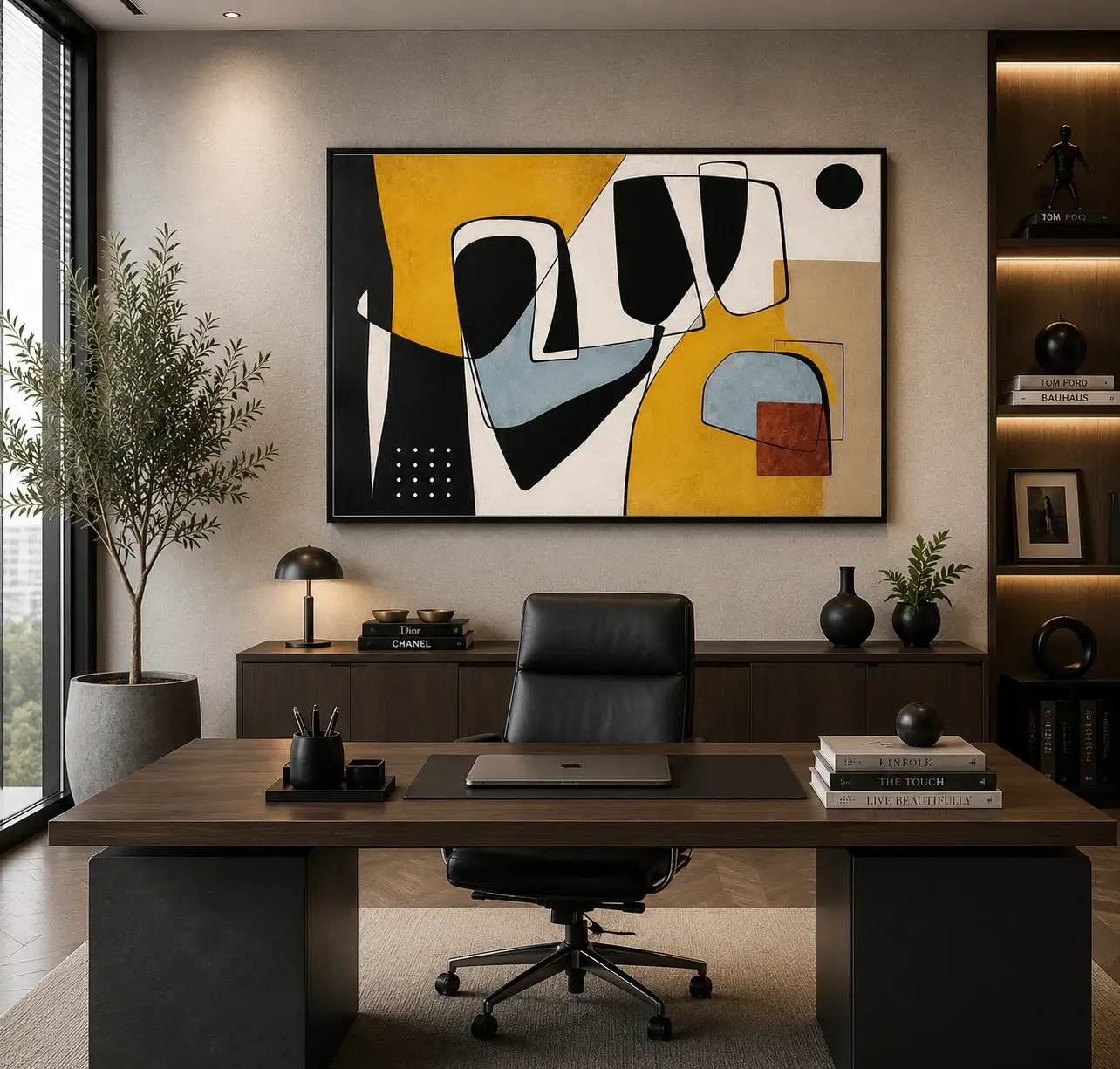Modern landscape abstract canvas wall art featuring ochre, slate blue, terracotta, and charcoal geometric forms with flowing contemporary linework.