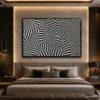 Large black and white optical illusion canvas featuring intricate 3D geometric waves and flowing striped forms in a contemporary minimalist design.