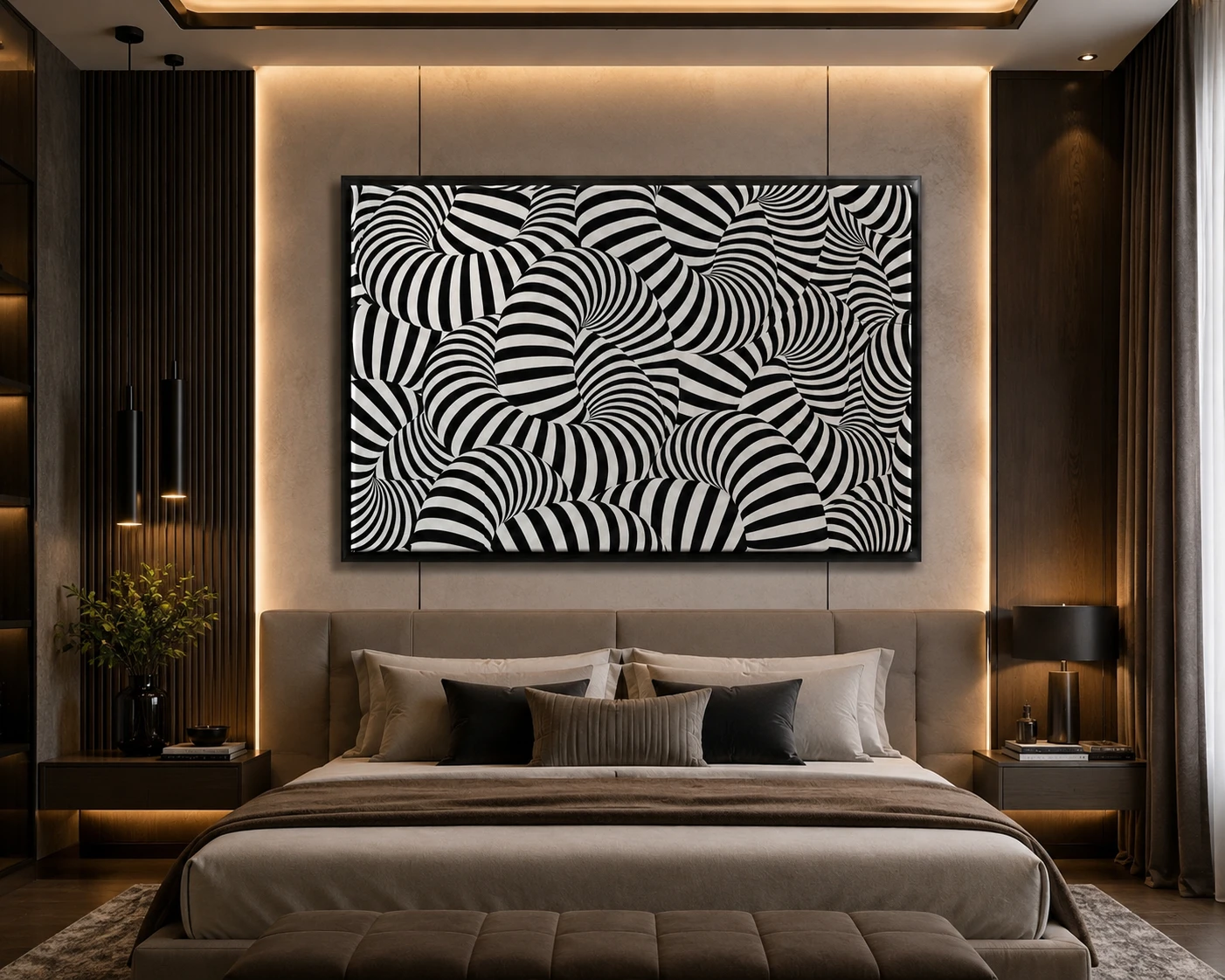 Large black and white optical illusion canvas featuring intricate 3D geometric waves and flowing striped forms in a contemporary minimalist design.