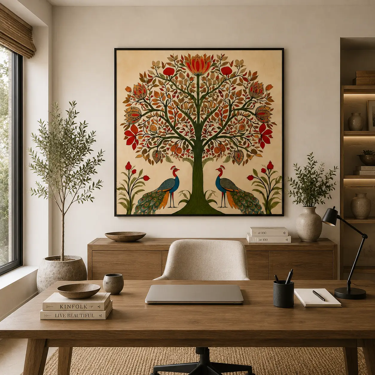 Traditional Indian Madhubani Royal Peacock premium canvas wall art featuring vibrant lotus flowers, botanical motifs, and authentic Mithila folk painting details.