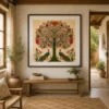 Traditional Indian Madhubani Royal Peacock premium canvas wall art featuring vibrant lotus flowers, botanical motifs, and authentic Mithila folk painting details.