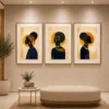 Luxury African Queen triptych canvas wall art featuring elegant navy blue silhouettes, textured gold accents, traditional headwraps, and contemporary ethnic design.