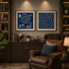 Luxury Warli diptych canvas wall art featuring traditional village life, spiral Tarpa dance motifs, white tribal illustrations, and a deep indigo navy background with black gallery frames.