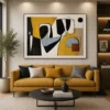 Modern landscape abstract canvas wall art featuring ochre, slate blue, terracotta, and charcoal geometric forms with flowing contemporary linework.