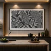 Large black and white optical illusion canvas featuring intricate 3D geometric waves and flowing striped forms in a contemporary minimalist design.