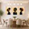 Luxury African Queen triptych canvas wall art featuring elegant navy blue silhouettes, textured gold accents, traditional headwraps, and contemporary ethnic design.