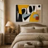 Modern landscape abstract canvas wall art featuring ochre, slate blue, terracotta, and charcoal geometric forms with flowing contemporary linework.