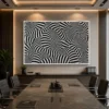 Large black and white optical illusion canvas featuring intricate 3D geometric waves and flowing striped forms in a contemporary minimalist design.