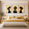 Luxury African Queen triptych canvas wall art featuring elegant navy blue silhouettes, textured gold accents, traditional headwraps, and contemporary ethnic design.