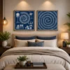 Luxury Warli diptych canvas wall art featuring traditional village life, spiral Tarpa dance motifs, white tribal illustrations, and a deep indigo navy background with black gallery frames.