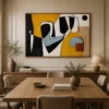 Modern landscape abstract canvas wall art featuring ochre, slate blue, terracotta, and charcoal geometric forms with flowing contemporary linework.