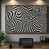 Large black and white optical illusion canvas featuring intricate 3D geometric waves and flowing striped forms in a contemporary minimalist design.