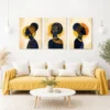Luxury African Queen triptych canvas wall art featuring elegant navy blue silhouettes, textured gold accents, traditional headwraps, and contemporary ethnic design.