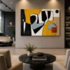 Modern landscape abstract canvas wall art featuring ochre, slate blue, terracotta, and charcoal geometric forms with flowing contemporary linework.