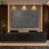 Large black and white optical illusion canvas featuring intricate 3D geometric waves and flowing striped forms in a contemporary minimalist design.