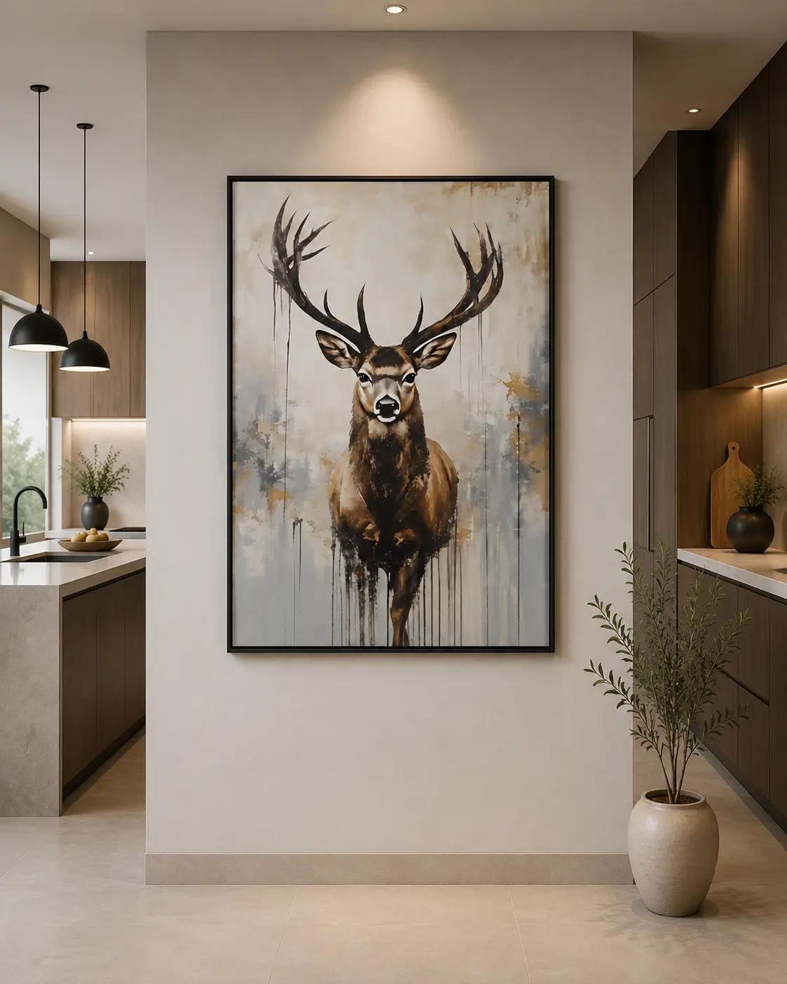 Luxury stag canvas wall art featuring a majestic deer portrait with expressive watercolor textures and elegant ink detailing.