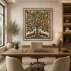 Traditional Indian Madhubani Tree of Life and Royal Peacocks premium canvas wall art featuring lotus flowers, vibrant folk motifs, and authentic Mithila painting details.