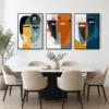 Luxury Cubist triptych canvas wall art featuring geometric abstract faces in terracotta, navy, sage green, and mustard tones with contemporary gallery styling.