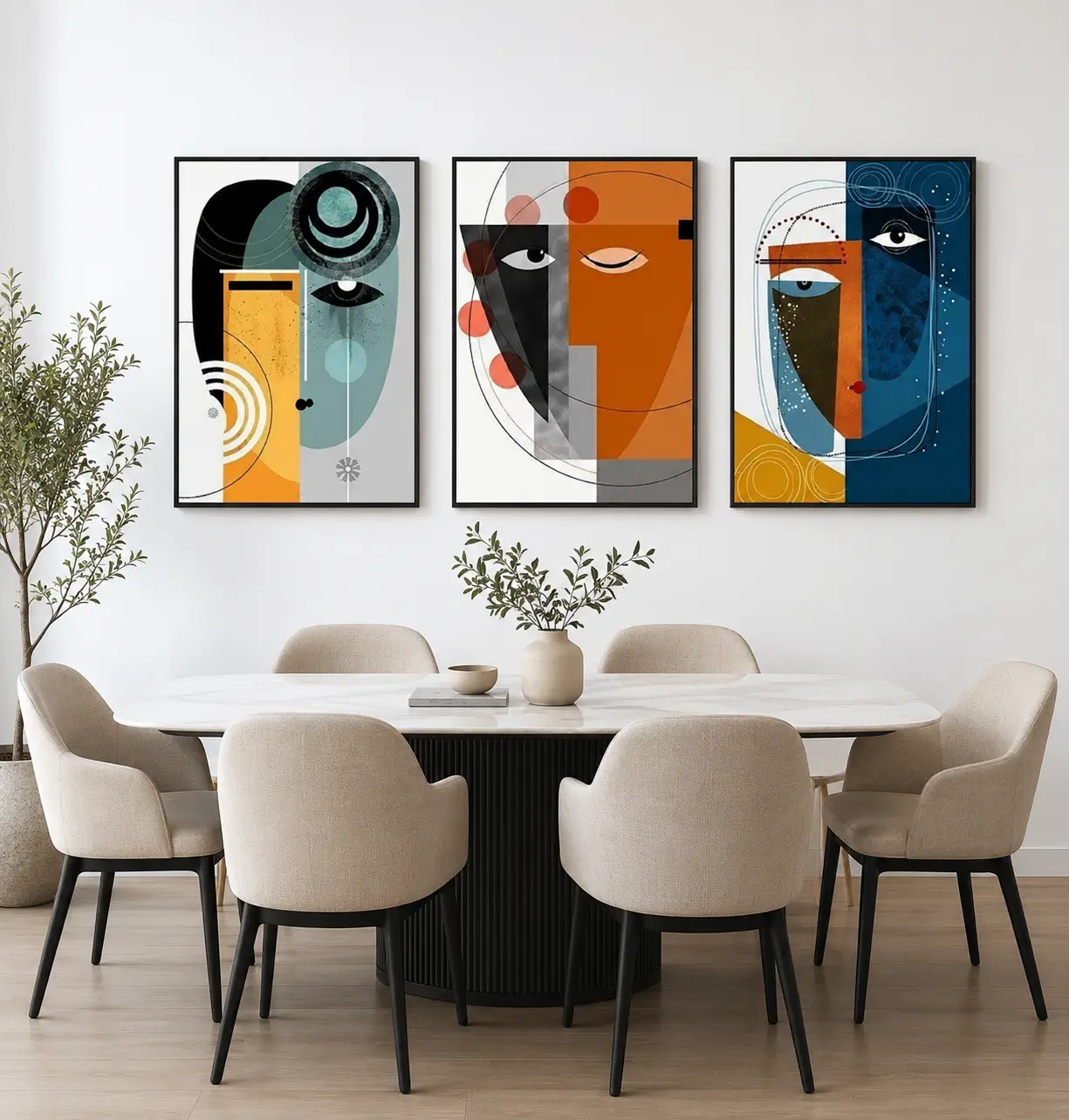 Luxury Cubist triptych canvas wall art featuring geometric abstract faces in terracotta, navy, sage green, and mustard tones with contemporary gallery styling.
