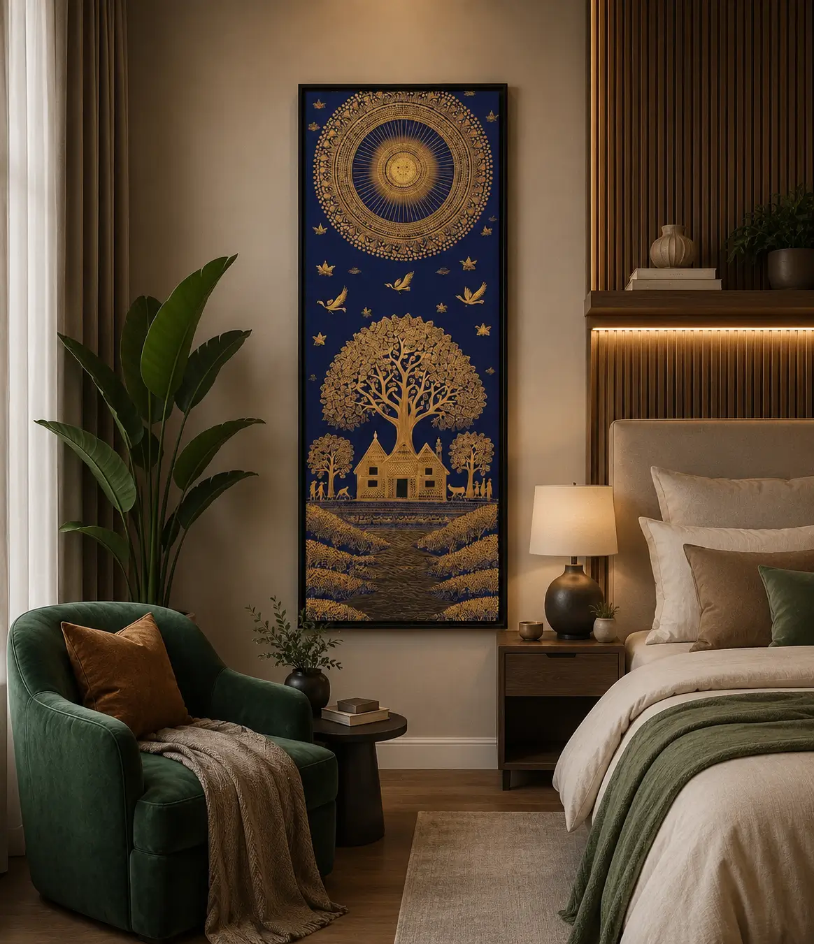 Luxury Warli Tree of Life canvas featuring radiant metallic gold tribal artwork on a deep indigo blue background with a natural wood gallery frame.