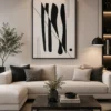 Black and cream mid-century modern abstract canvas wall art featuring architectural geometric forms and elegant linear details.