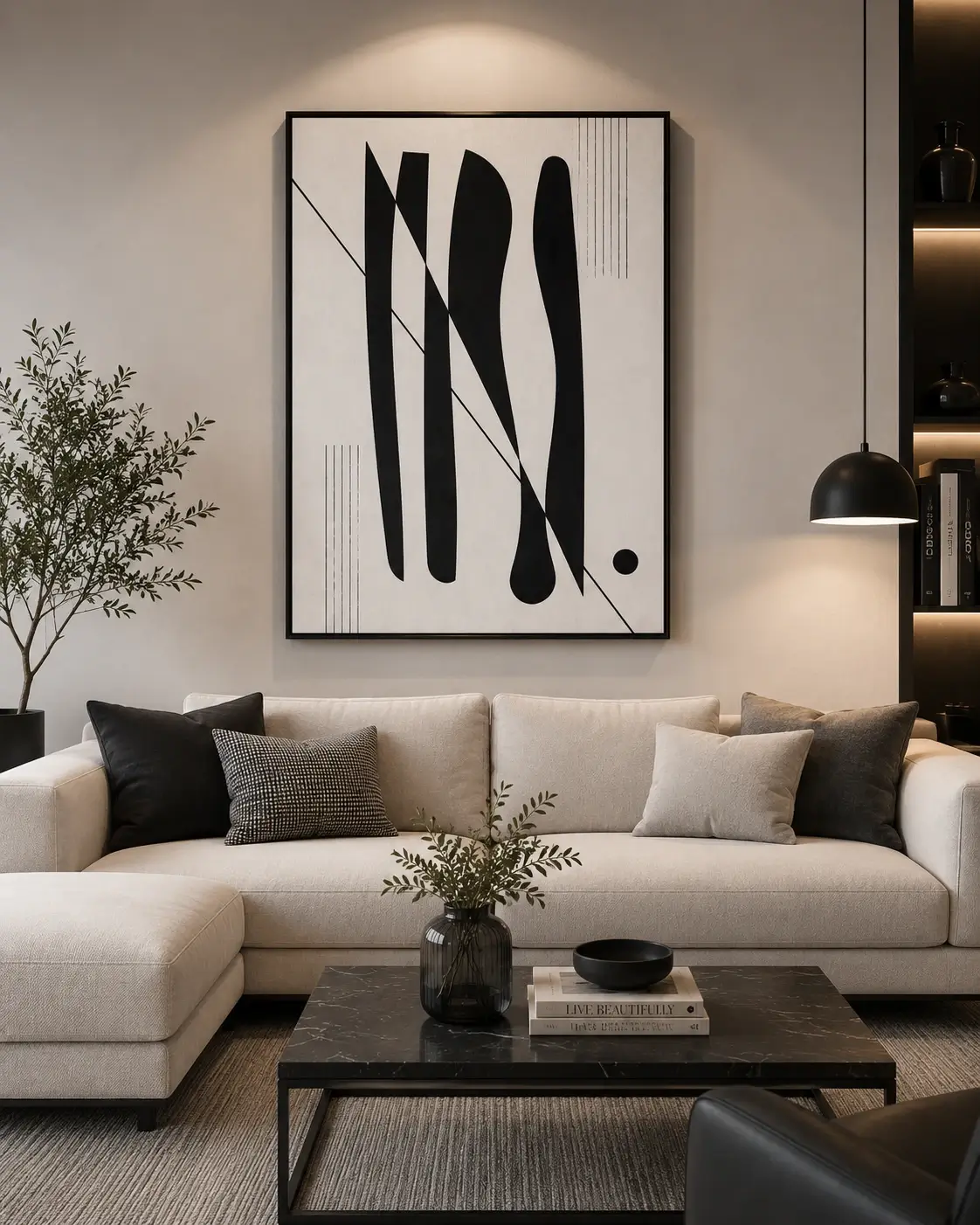 Black and cream mid-century modern abstract canvas wall art featuring architectural geometric forms and elegant linear details.