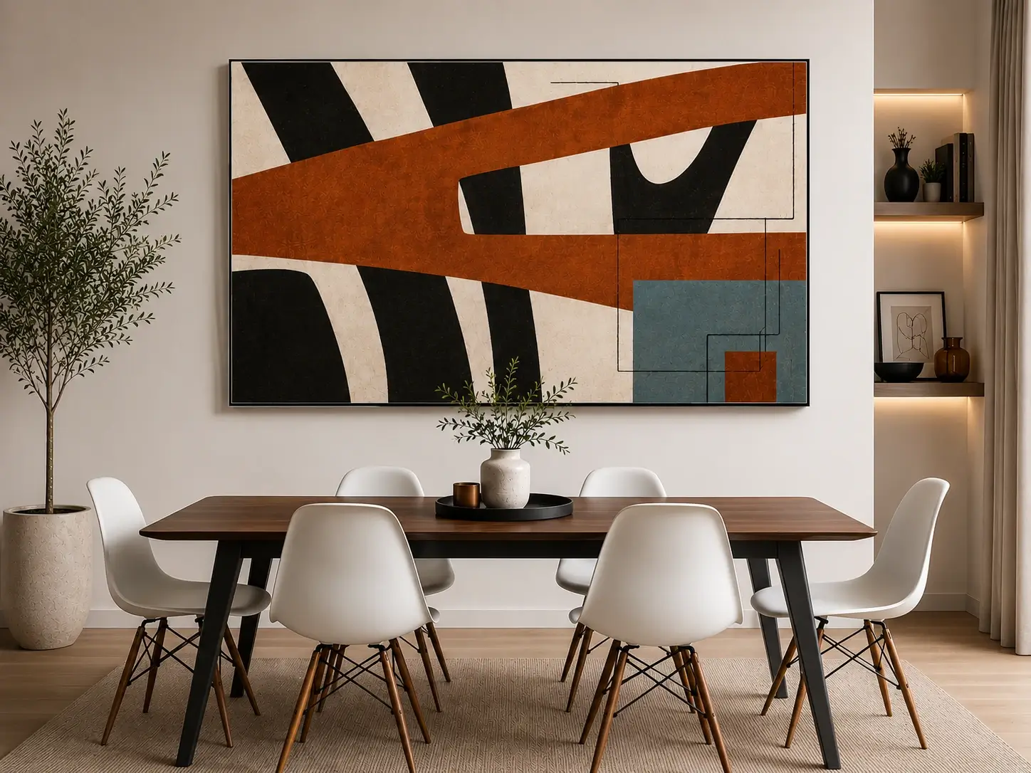 Modern architectural abstract canvas wall art featuring terracotta, steel blue, charcoal, and cream geometric forms with contemporary industrial styling.