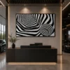 Landscape black and white optical illusion canvas featuring a hexagonal vortex and striped geometric sphere in a contemporary minimalist design.