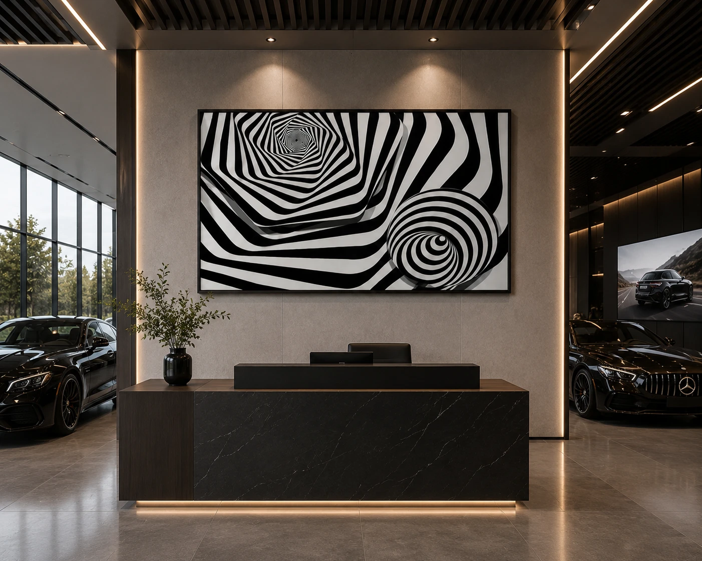 Landscape black and white optical illusion canvas featuring a hexagonal vortex and striped geometric sphere in a contemporary minimalist design.